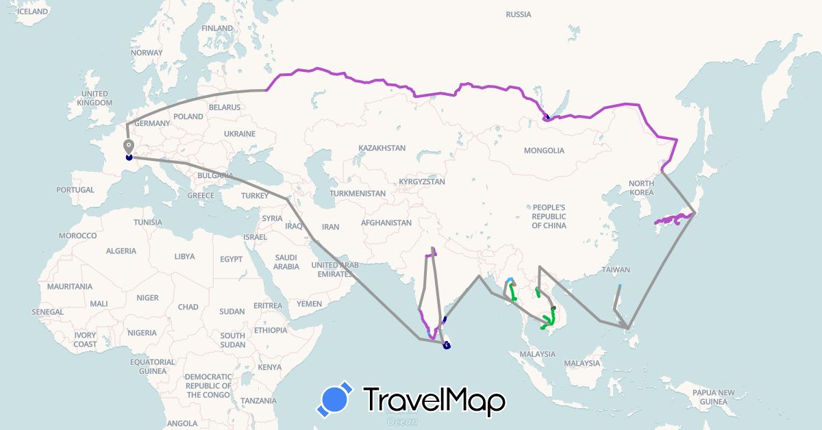 TravelMap itinerary: driving, bus, plane, train, hiking, boat, motorbike in Belgium, France, India, Japan, Cambodia, Laos, Sri Lanka, Myanmar (Burma), Philippines, Russia (Asia, Europe)